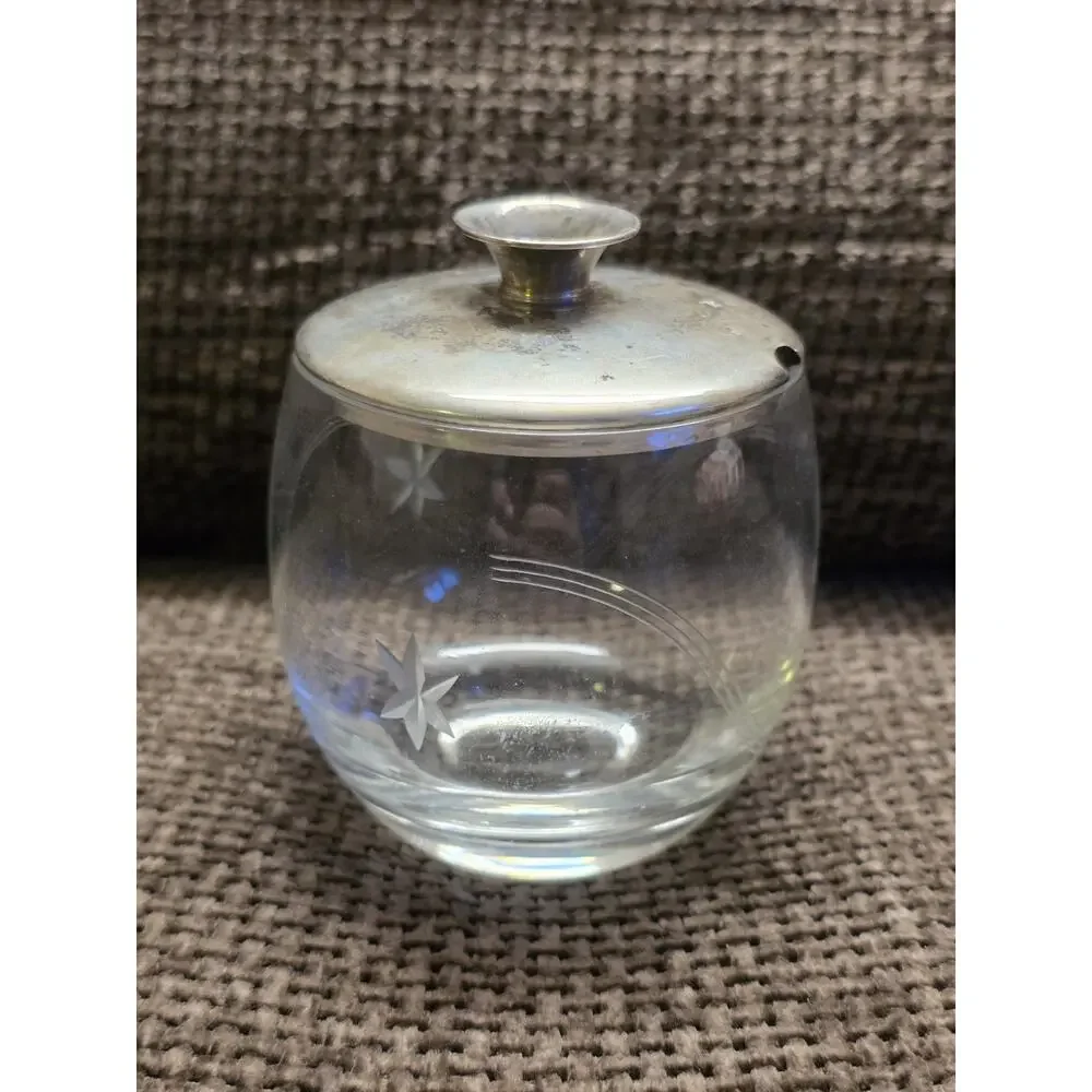 Antique 20th C Sterling Silver Etched Glass Condiment Jelly Jar Container Stars